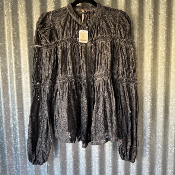 Free People Tops - NWT Free People Grey Floral Lace Peplum Zip Up Jacket Puff Sleeve Boho Small NEW